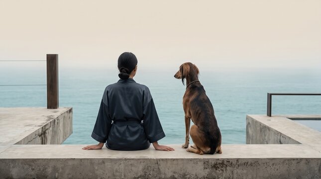 Woman and Dog Contemplating Ocean Horizon Together