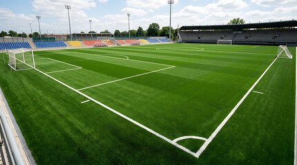 Fototapeta premium Corner of Green Soccer Field with White Boundary Lines on Stadium Turf Ready for Football Match and Outdoor Sports Competition