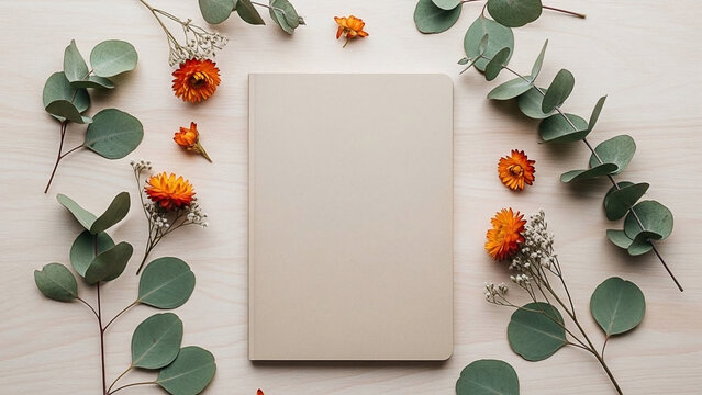 Flat Lay of a Notebook with Dried Flowers and Eucalyptus