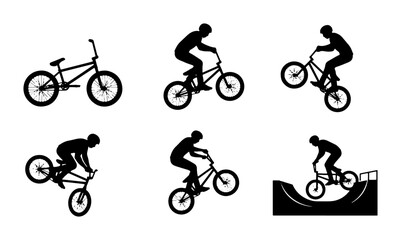 Obraz premium BMX Bicycle Silhouettes, Action Sports Rider Poses, Extreme Cycling Tricks Vector Set