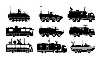 Obraz premium Military Command Vehicles, Communication Trucks, Armored Transport Silhouettes, Tactical Fleet Icons