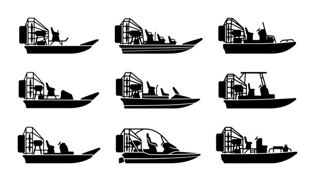 Airboat Vector Icons Set, Swamp Boat Silhouettes, Flat Design Marine Transport Collection