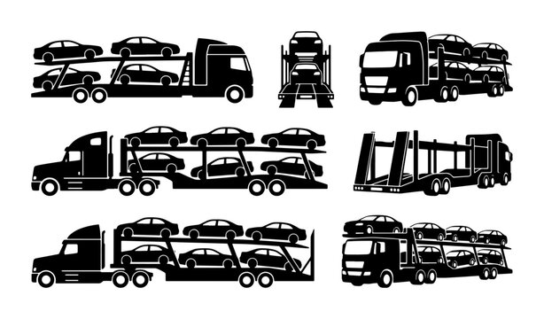 Car Carrier Truck Vector Icons, Automotive Transport Logistics, Vehicle Delivery Service Set