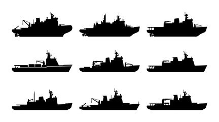 Naval Warships Collection, Military Vessels Set, Maritime Fleet Silhouettes, Sea Power Icons © Toki