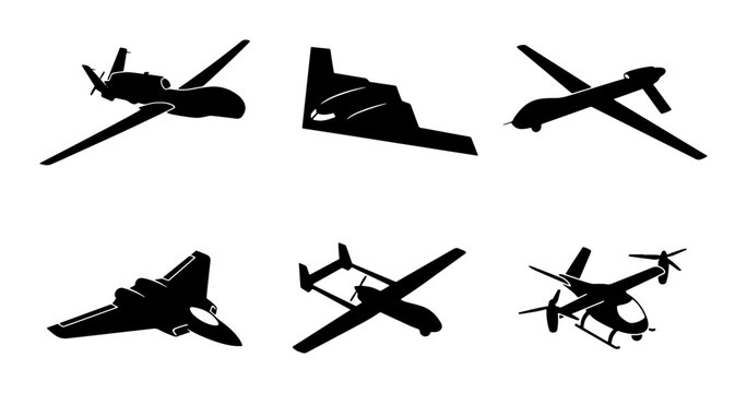 Drone Aircraft Silhouettes: Unmanned Aerial Vehicles, Military Drones, VTOL Drones, Set