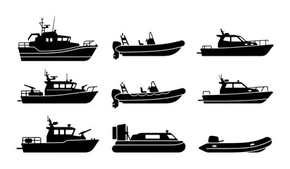 Set of 9 Black and White Boat Silhouettes: Patrol, RIB, Hovercraft, Speedboat Icons © Toki