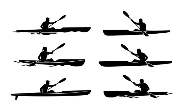 Kayaking Silhouettes: Active Paddling Sports, Water Recreation, Outdoor Adventure Set