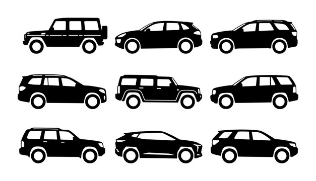 SUV Vector Icons, Modern Crossover & Off-Road Vehicle Silhouettes, Automotive Collection