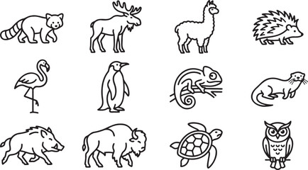 Obraz premium Vector animal icons set including red panda, moose, llama, hedgehog, flamingo, penguins, chameleon, otter, boar, bison, turtle, and owl in simple line art style