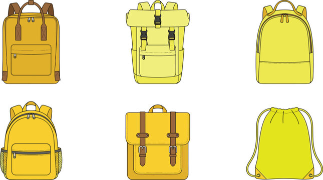 Yellow Backpack and School Bag Vector Icon Set with Outdoor Rucksack, Vintage Satchel, Rucksack, Travel Daypack, and Drawstring Bag Elements
