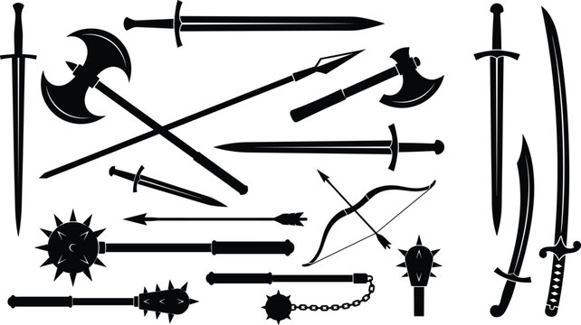 Medieval Fantasy Weapon Silhouette Collection with Swords Axes Spears Bow and Maces