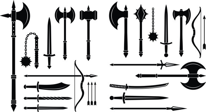 Medieval Fantasy Weapon Silhouette Set with Swords Axes Spears Bow Arrows and Ancient Arms