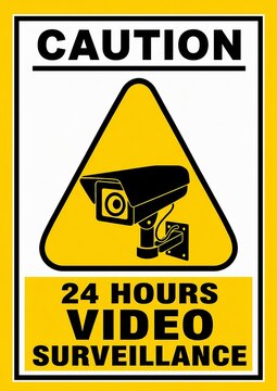 Caution sign showing 24 hours video surveillance with security camera icon