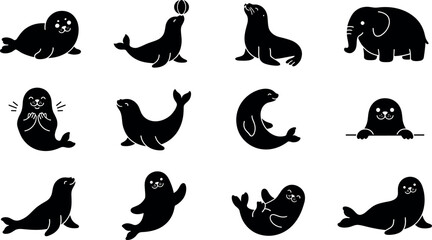 Seals and an Elephant in Playful and Expressive Poses Featuring Seal, Animal, Cartoon with Illustration and Vector Elements © Kamu2286 
