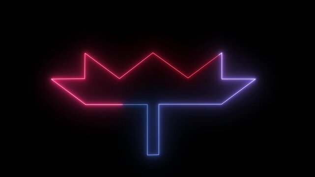 Abstract neon glowing maple leaf outline animation on black background