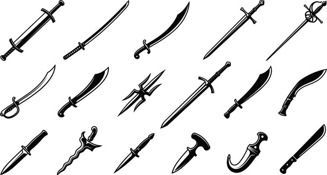 Medieval Sword and Dagger Silhouette Collection with Fantasy Blade Weapon Set
