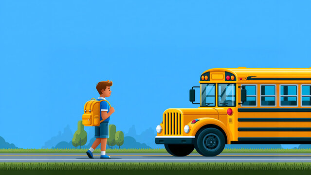 School boy with backpack walking to yellow school bus illustration