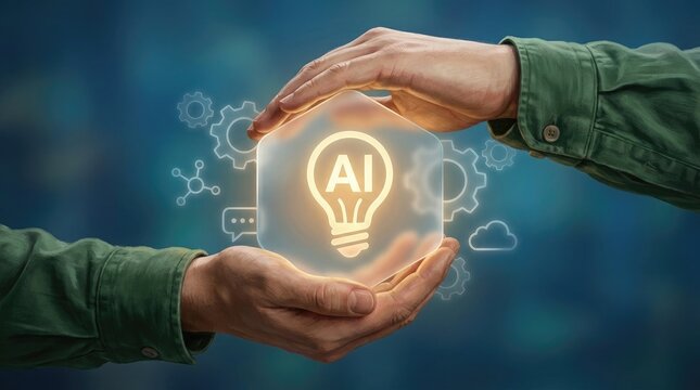 Artificial intelligence concept hands protecting a glowing ai lightbulb