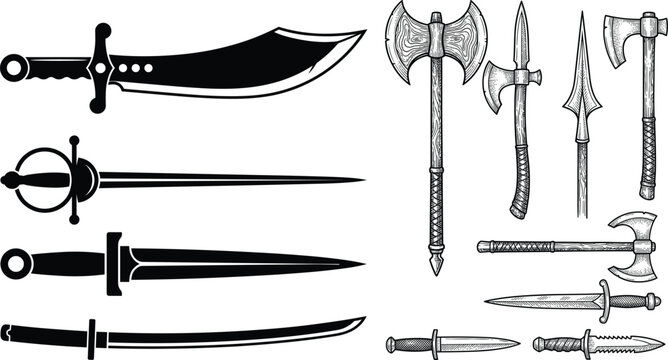 Medieval Weapons Collection Vector Set Featuring Swords Axes Daggers Spears and Battle Arms Illustration