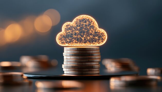 Glowing network cloud atop stack of coins, financial technology concept