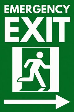 Emergency exit sign with running person and arrow on green background