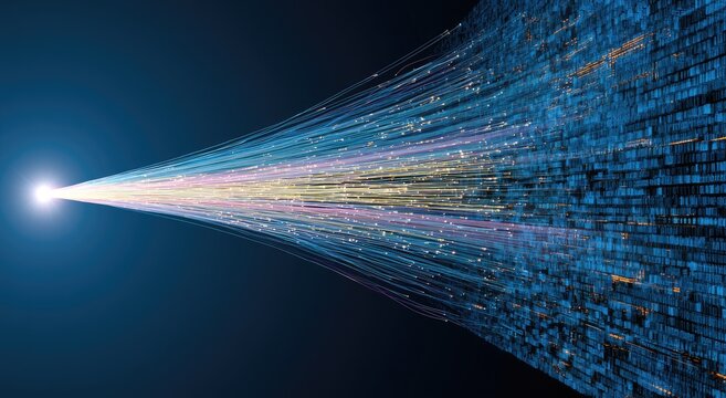 Streaks of light and digital data converge and disperse against dark blue