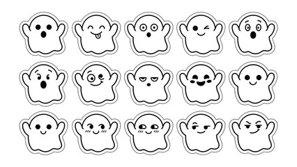Fototapeta premium Cute Ghost Sticker Pack: A collection of 15 unique, hand-drawn ghost stickers, each expressing a different emotion from surprise to joy, perfect for adding a playful touch to any design.