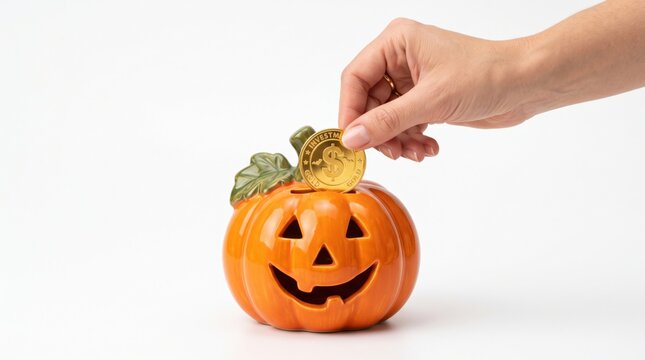 A hand places a gold coin into a pumpkin-shaped coin bank with a carved jack-o'-lantern face.