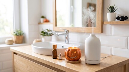 Fototapeta premium A modern bathroom countertop features a ceramic sink, a Halloween pumpkin candle, a small ghost figurine, an essential oil bottle, and a misting diffuser with a plant in the background.