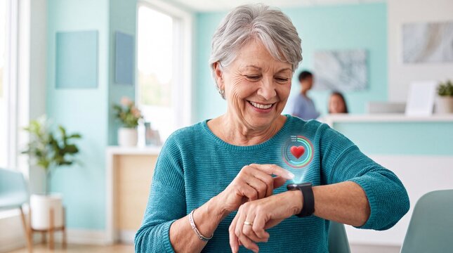 A smiling elderly woman with short grey hair wearing a teal sweater, interacting with a ad social media download thambnail template event festive festival 2026 2027 2028