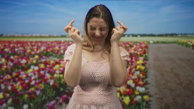 Woman crossing fingers with both hands in a studio in front of a tulip field backdrop, smiling with closed eyes; hope.