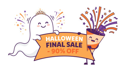 Halloween Sale Poster: A cute ghost wearing a tiara and a playful party popper character hold a banner advertising a Halloween final sale with 90% off, surrounded by festive confetti and fireworks. © Rahimatul