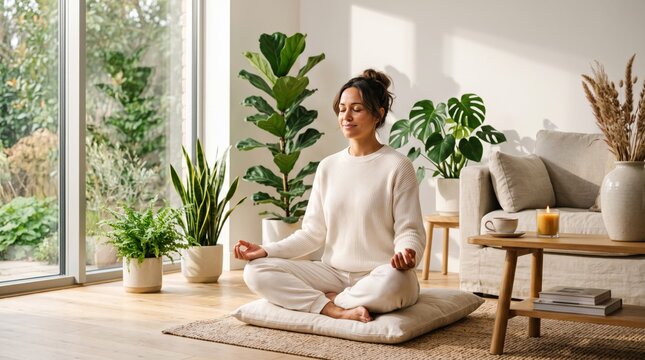 Calm woman practicing meditation in a well lit indoor environment filled with lush greenery and natural sunlight
