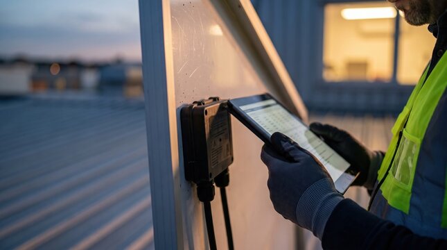 Engineer inspecting solar panel junction box with tablet at dusk on rooftop, wearing high visibility vest and gloves while recording performance data and checking wiring for maintenance