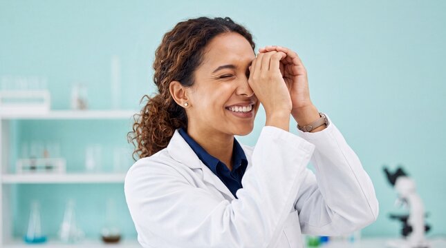 A smiling female scientist in a white lab coat standing in a laboratory with a light blue ad social media download thambnail template event festive festival 2026 2027 2028
