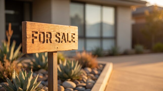 For sale wooden sign in front of modern house with desert landscaping and warm evening light creating inviting atmosphere