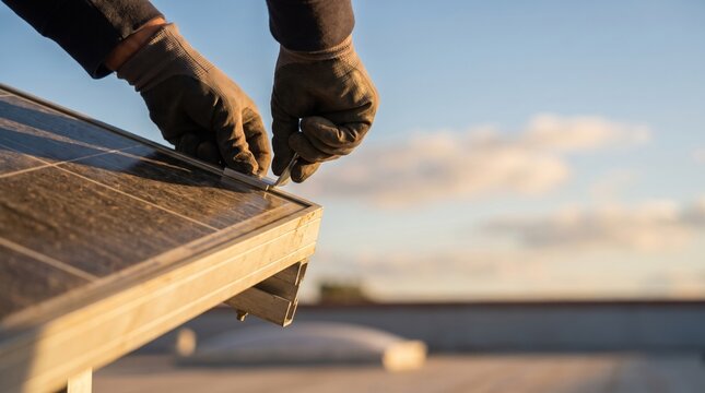 Gloved hands adjusting rooftop solar panel mounting screw during golden hour, close up of maintenance and renewable energy installation with soft sky background