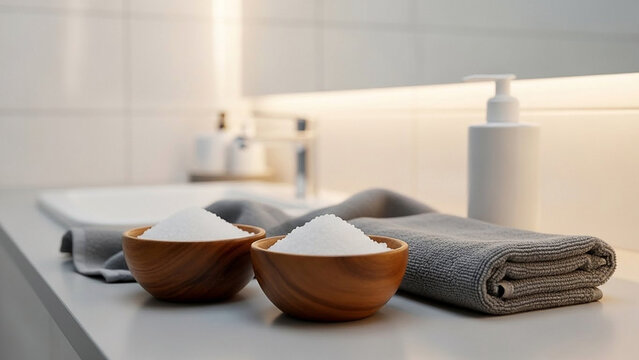 Two Bowls of Salt and Towel on Bathroom Counter