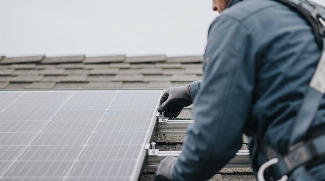 Worker installing rooftop solar panel with safety harness on asphalt shingle roof, focusing on hands adjusting mounting hardware in overcast light conveying careful workmanship and efficiency