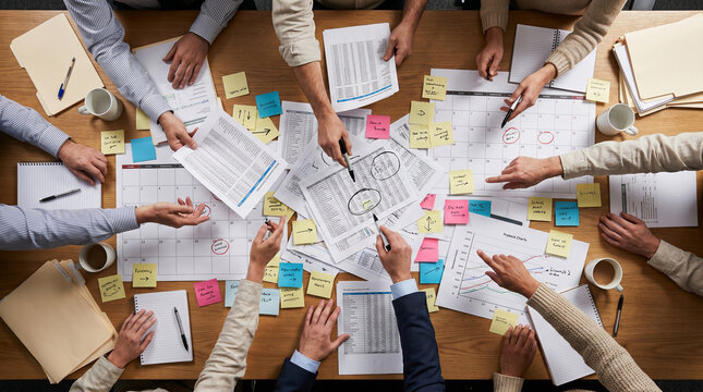 Overhead Meeting Table With Hands Sorting Endless Planning Documents