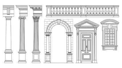 Obraz premium AutoCAD buildings architecture vector collection with columns and doors