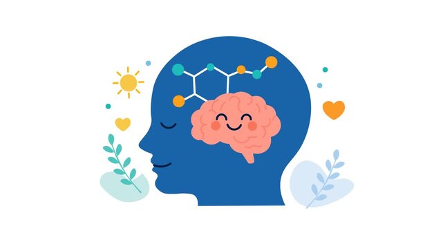 Positive Mood, Motivation, Pleasure,  And Healthy Brain Activity Concept Flat Animation. Dopamine Molecule Above A Happy Brain Inside A Human Smiling Face Silhouette,