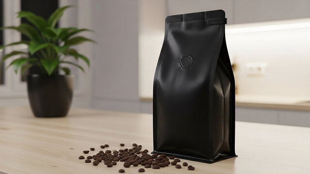 Black Coffee Bag and Beans on a Wooden Countertop