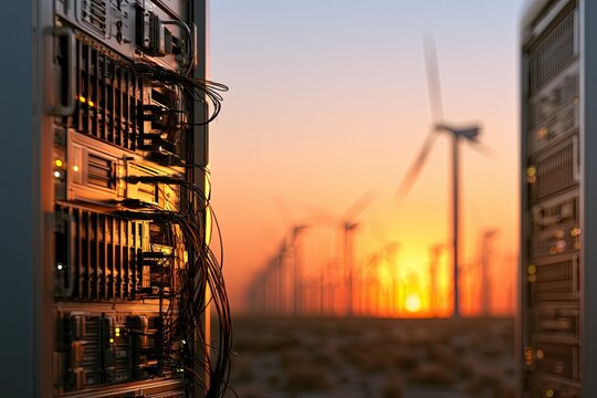 Server racks merge with a wind farm at sunset, symbolizing green technology