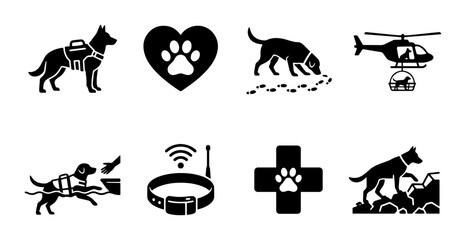 Obraz premium Dog Service Icons: Working Dogs, Search and Rescue, K9 Unit, Pet Care, Vector Set