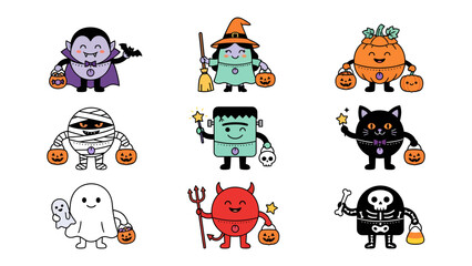 Fototapeta premium Halloween Monster Crew: A playful collection of adorable cartoon monsters, including a vampire, witch, pumpkin, mummy, Frankenstein, black cat, ghost, devil, and skeleton.