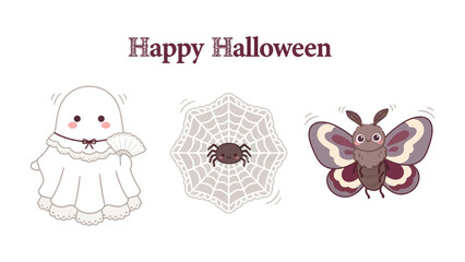 Obraz premium Happy Halloween Icons: Adorable cartoon ghost, spider in a web, and a cute moth celebrating the spirit of Halloween with playful designs and a cheerful atmosphere.