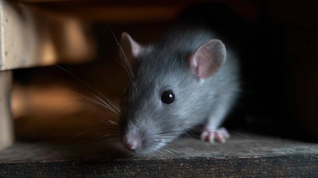 A gray rat with white whiskers walking on a wooden floor.