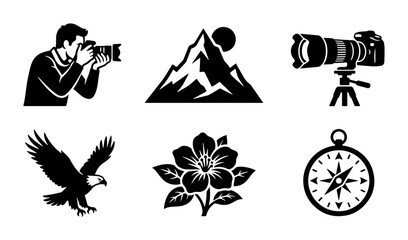 Photography Icons Set: Camera, Mountain Landscape, Eagle, Flower, Compass, Vector Graphics for Outdoor Adventure and Nature Themes © Tasin22