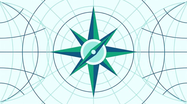 Nautical Compass Rose On Turquoise Grid Graphic Background Flat Vector